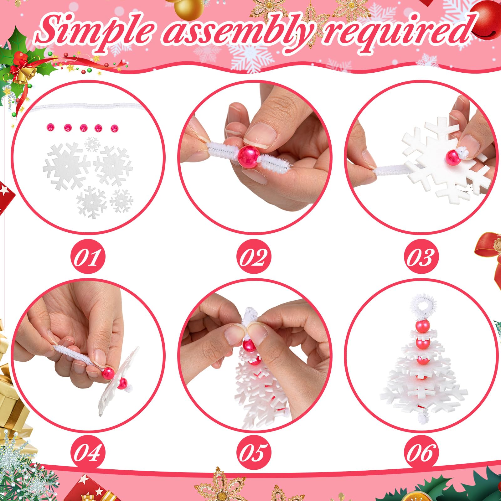 Buryeah 50 Sets Felt Snowflake Ornament Craft Kit – DIY Christmas Decorations with Beads, Stems & Ribbons