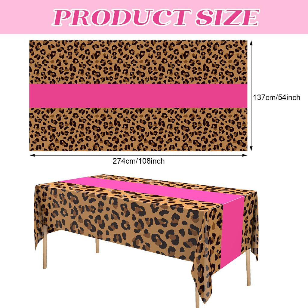 Buryeah Leopard Print Tablecloths 3 Pack: 54x108 Inch Disposable Plastic Table Cover for Party Decor - Hot Pink