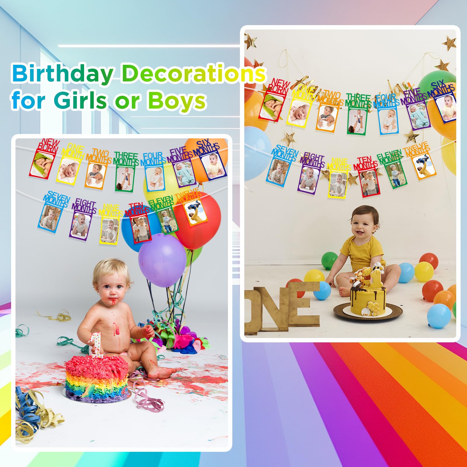 Buryeah Rainbow 1st Birthday Photo Banner for Baby Girls – Monthly Milestones from Newborn to 12 Months