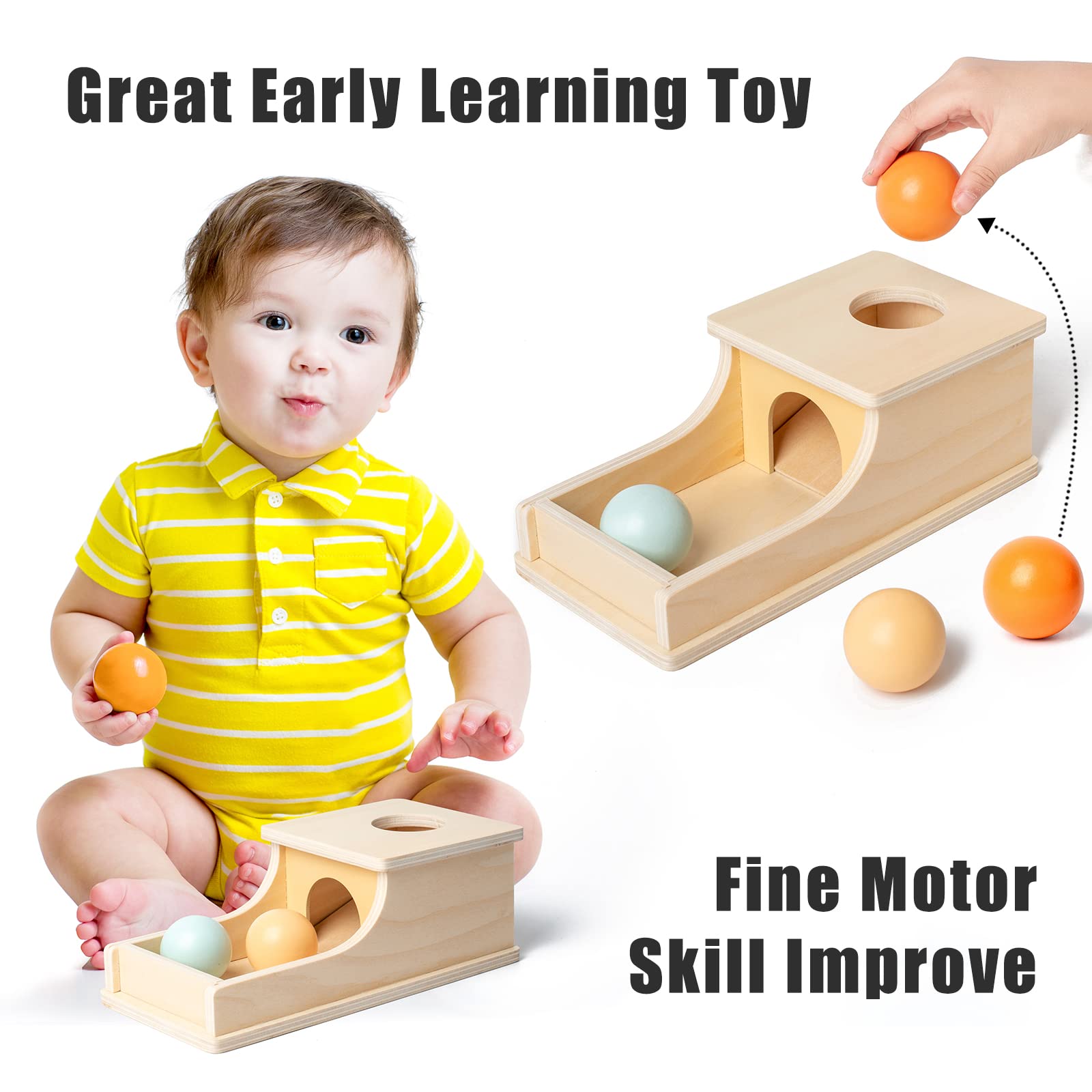Busy edition Montessori Object Permanence Box with Tray – Wooden Ball Drop Toy for Babies 6-36 Months