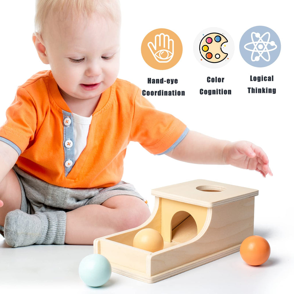 Busy edition Montessori Object Permanence Box with Tray – Wooden Ball Drop Toy for Babies 6-36 Months