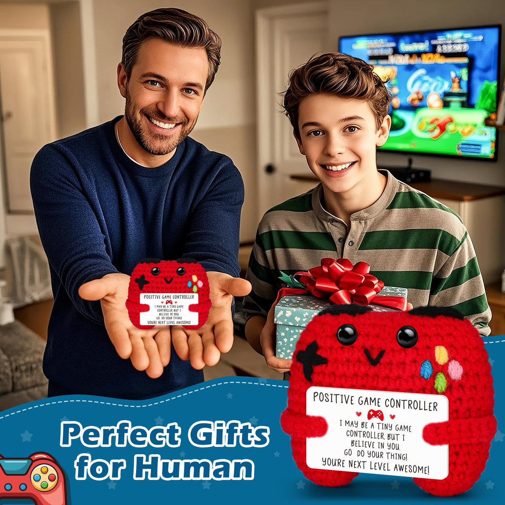 Busy Gaming Life Positive Crochet Game Controller - Handmade Gamer Gift with Inspirational Card