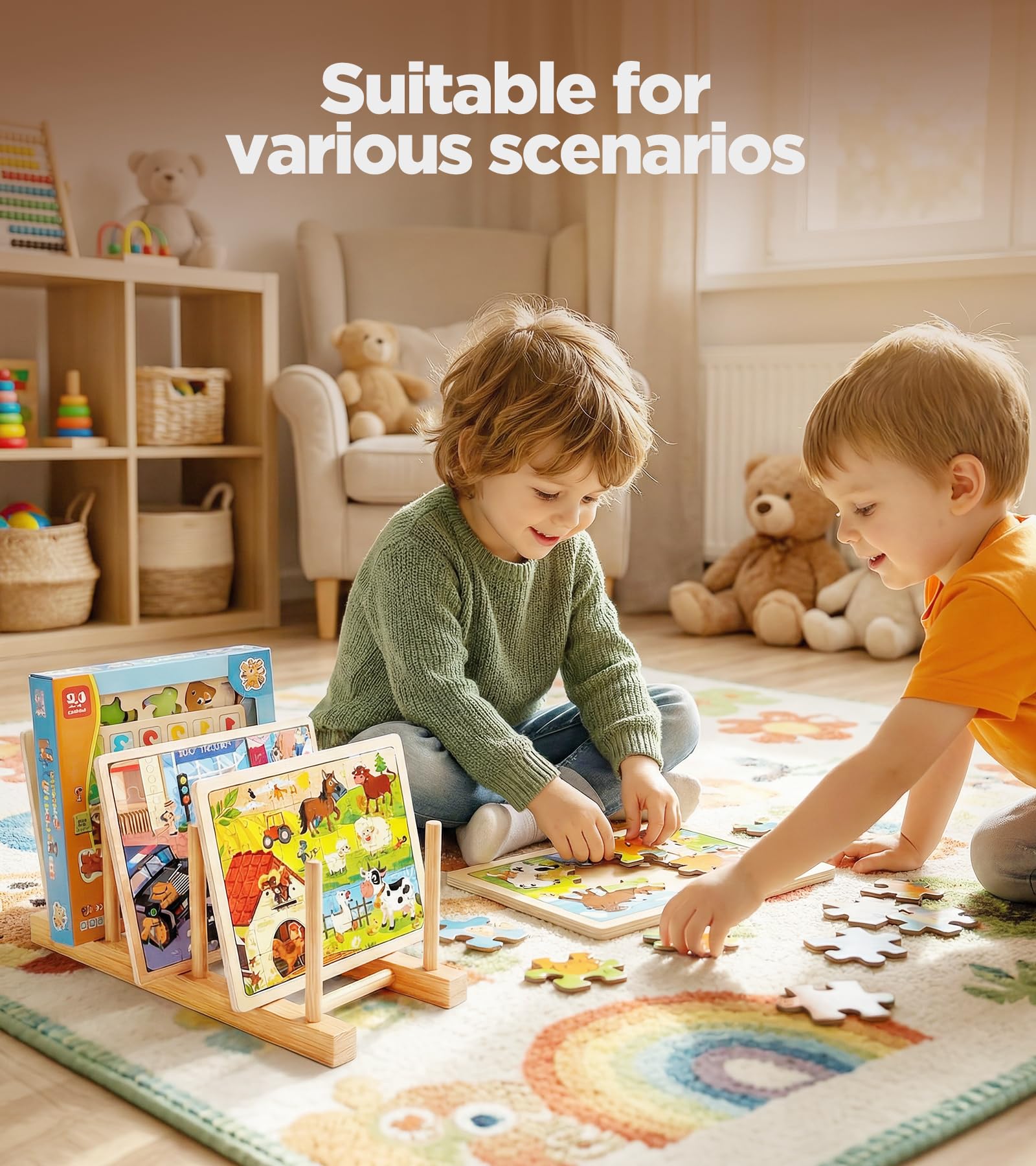 BusyePa 2-Pack 4-Slot Puzzle Display Stand – Vertical Storage Rack for Finished Jigsaw Puzzles, Books & Artwork (Natural Wood)