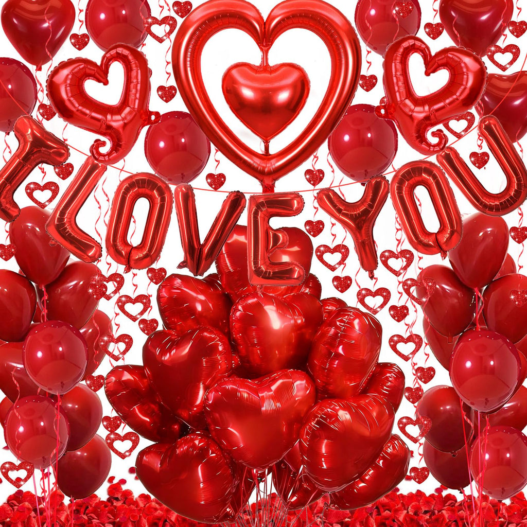 Butiomom Red I Love You Balloon Set for Anniversary Wedding Decor with Fake Rose Petals & Heart Balloons