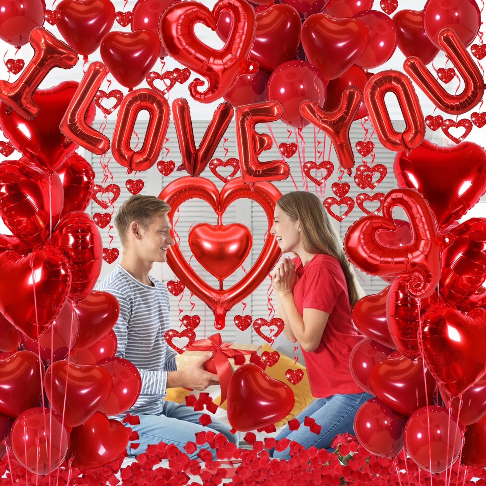 Butiomom Red I Love You Balloon Set for Anniversary Wedding Decor with Fake Rose Petals & Heart Balloons