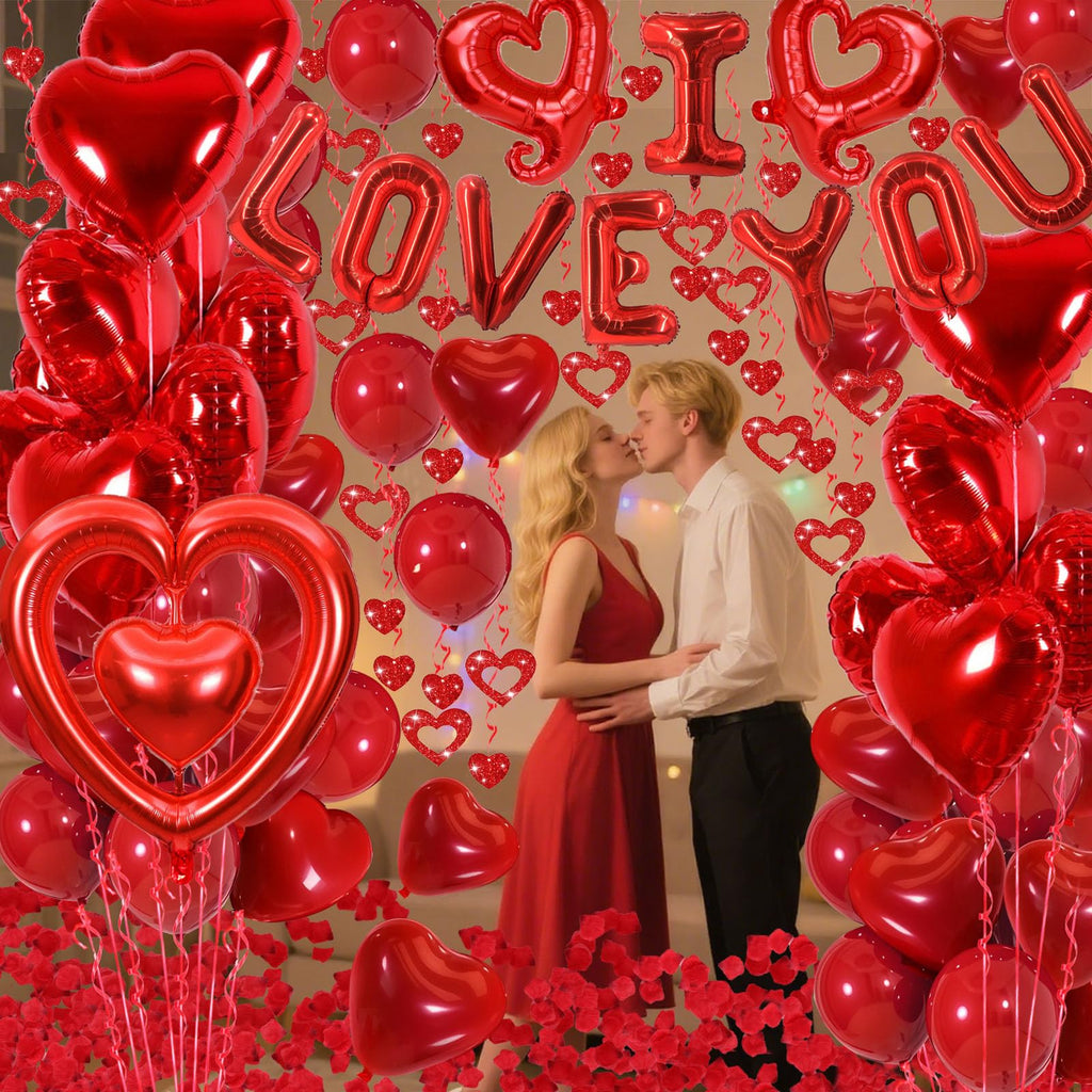 Butiomom Red I Love You Balloon Set for Anniversary Wedding Decor with Fake Rose Petals & Heart Balloons