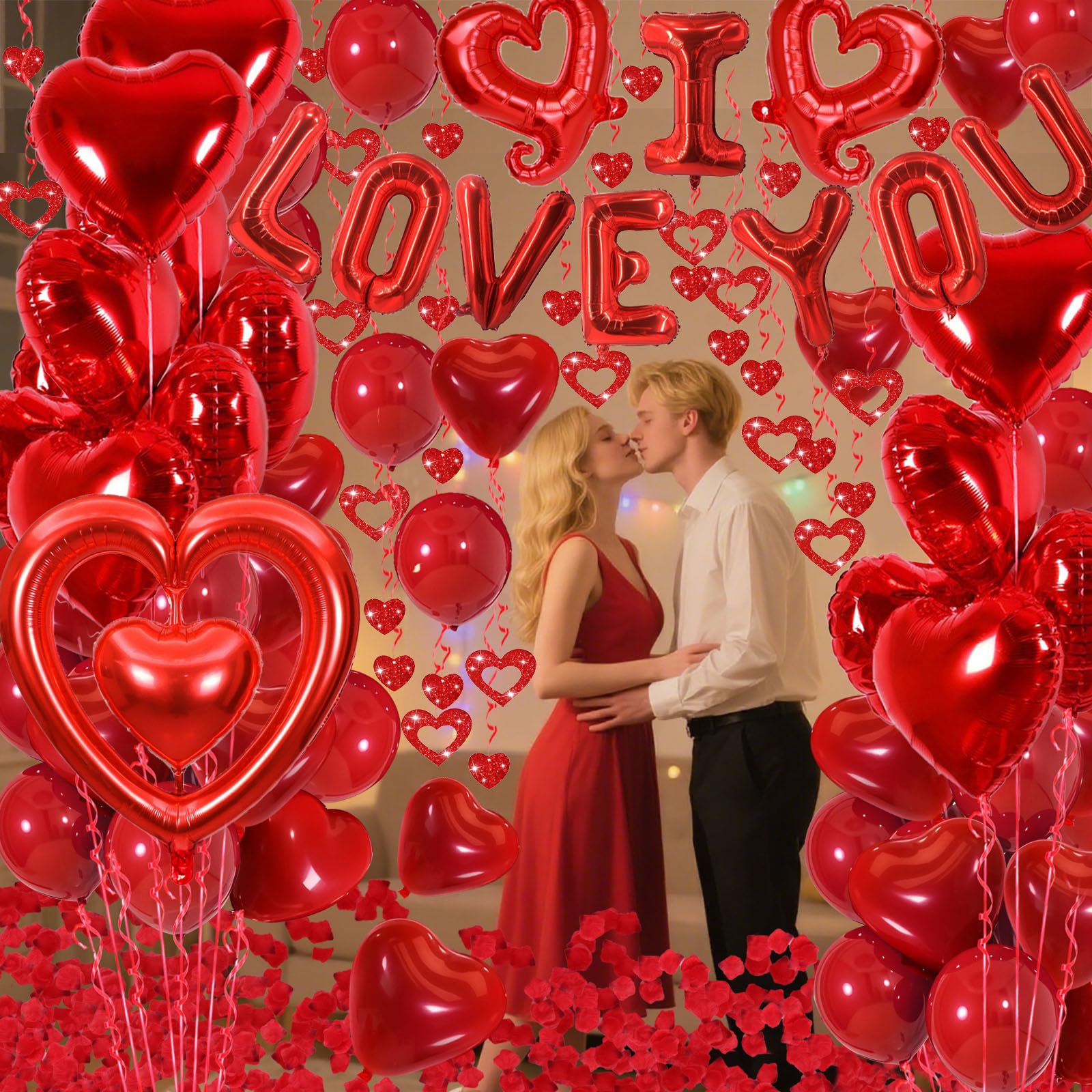 Butiomom Red I Love You Balloon Set for Anniversary Wedding Decor with Fake Rose Petals & Heart Balloons