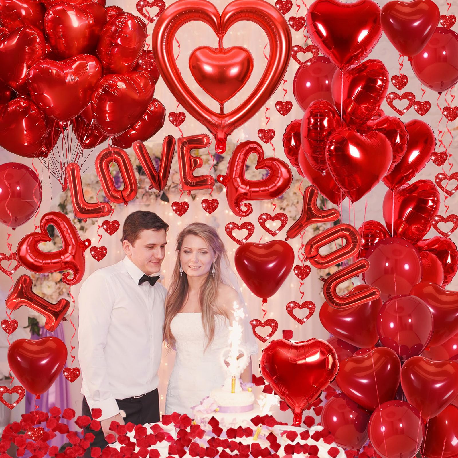 Butiomom Red I Love You Balloon Set for Anniversary Wedding Decor with Fake Rose Petals & Heart Balloons