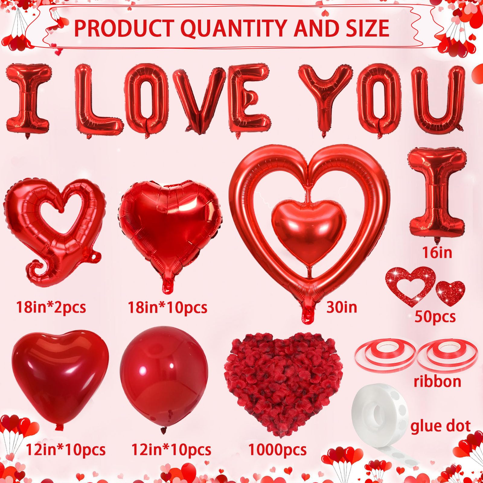 Butiomom Red I Love You Balloon Set for Anniversary Wedding Decor with Fake Rose Petals & Heart Balloons