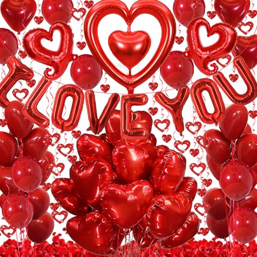 Butiomom Red I Love You Balloon Set for Anniversary Wedding Decor with Fake Rose Petals & Heart Balloons