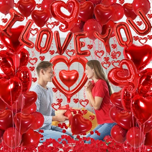 Butiomom Red I Love You Balloon Set for Anniversary Wedding Decor with Fake Rose Petals & Heart Balloons