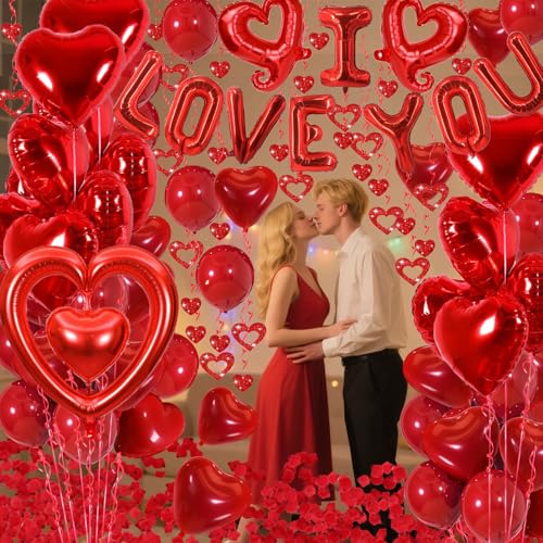 Butiomom Red I Love You Balloon Set for Anniversary Wedding Decor with Fake Rose Petals & Heart Balloons