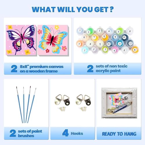 Butterfly Paint by Numbers for Kids 8-12 – 2 Pack DIY Kit with Wooden Frame