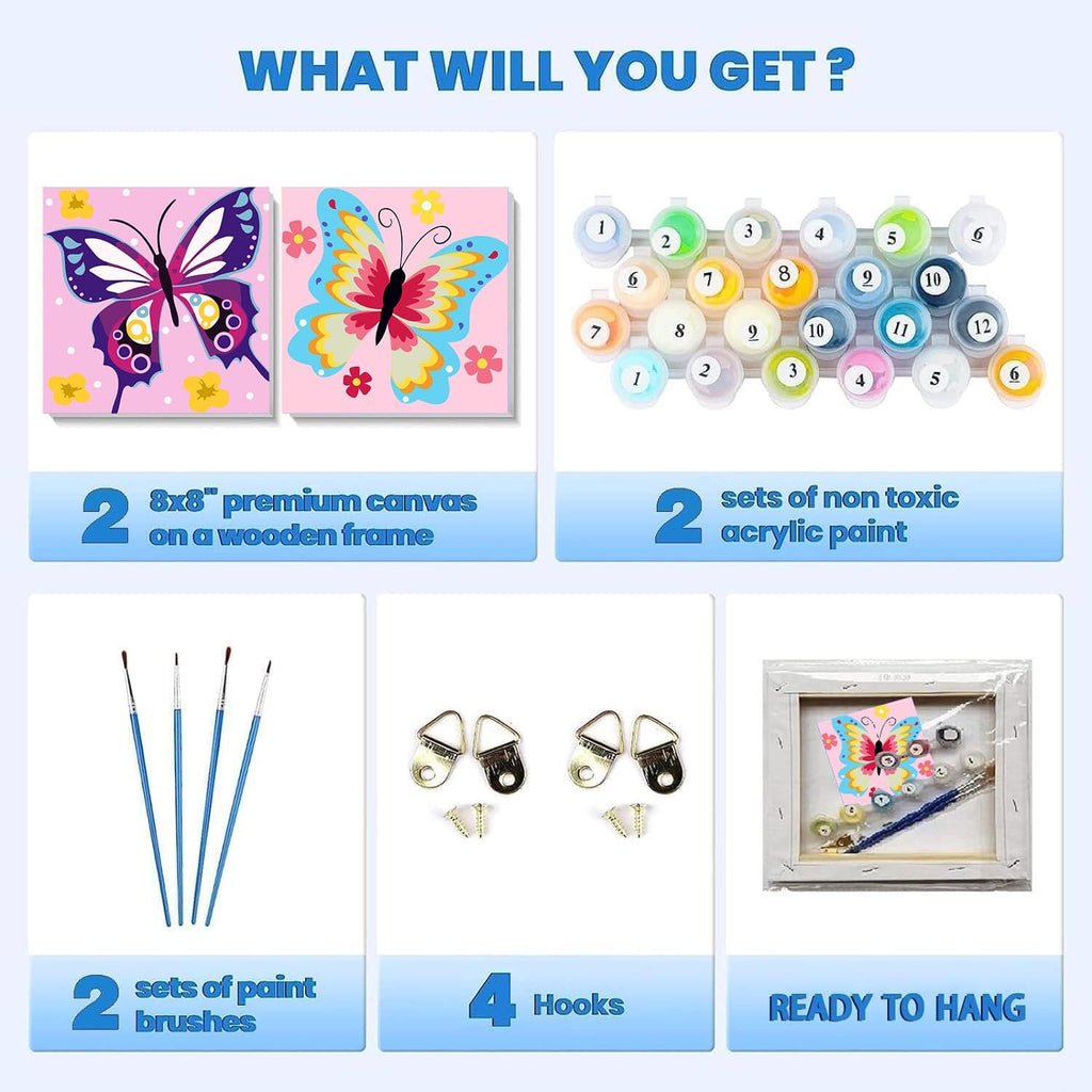 Butterfly Paint by Numbers for Kids 8-12 – 2 Pack DIY Kit with Wooden Frame