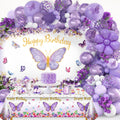 Butterfly Party Decorations 82-Piece Set with Balloon Arch Kit, Banner, Tablecloth for Girls Women Birthday Purple