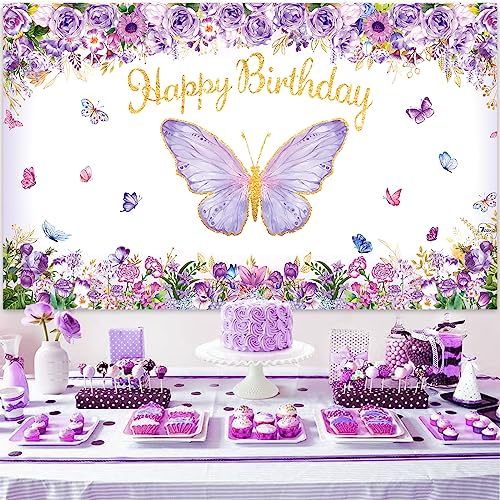 Butterfly Party Decorations 82-Piece Set with Balloon Arch Kit, Banner, Tablecloth for Girls Women Birthday Purple