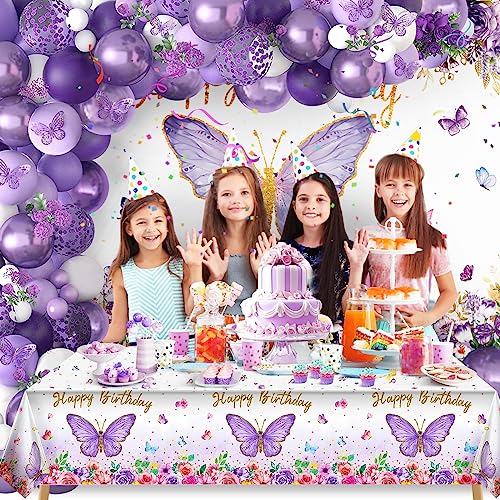 Butterfly Party Decorations 82-Piece Set with Balloon Arch Kit, Banner, Tablecloth for Girls Women Birthday Purple