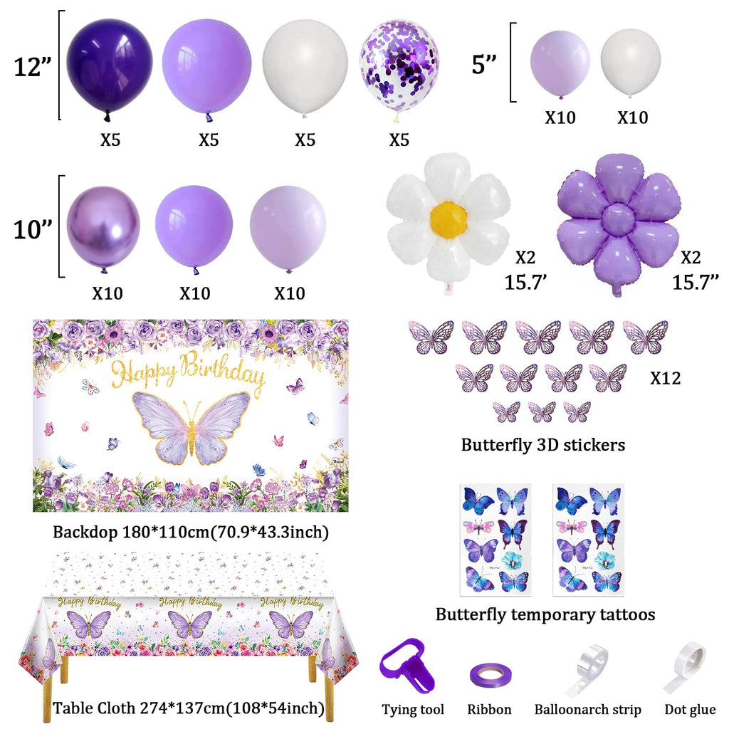 Butterfly Party Decorations 82-Piece Set with Balloon Arch Kit, Banner, Tablecloth for Girls Women Birthday Purple