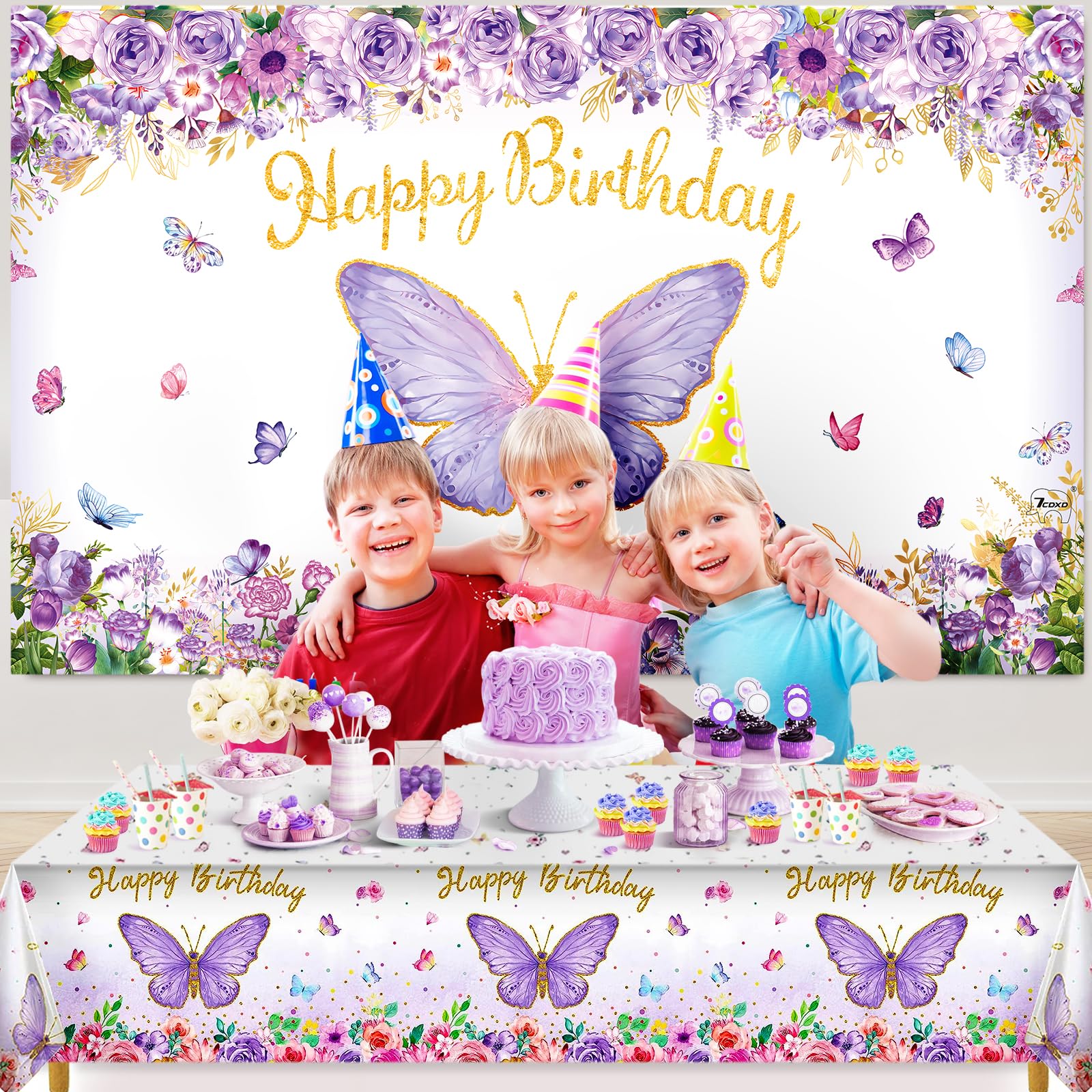 Butterfly Party Decorations 82-Piece Set with Balloon Arch Kit, Banner, Tablecloth for Girls Women Birthday Purple