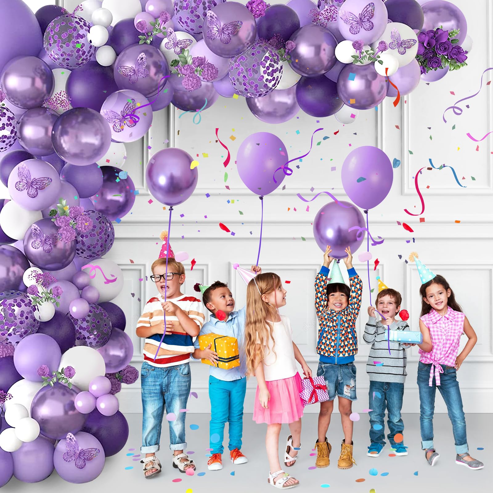 Butterfly Party Decorations 82-Piece Set with Balloon Arch Kit, Banner, Tablecloth for Girls Women Birthday Purple