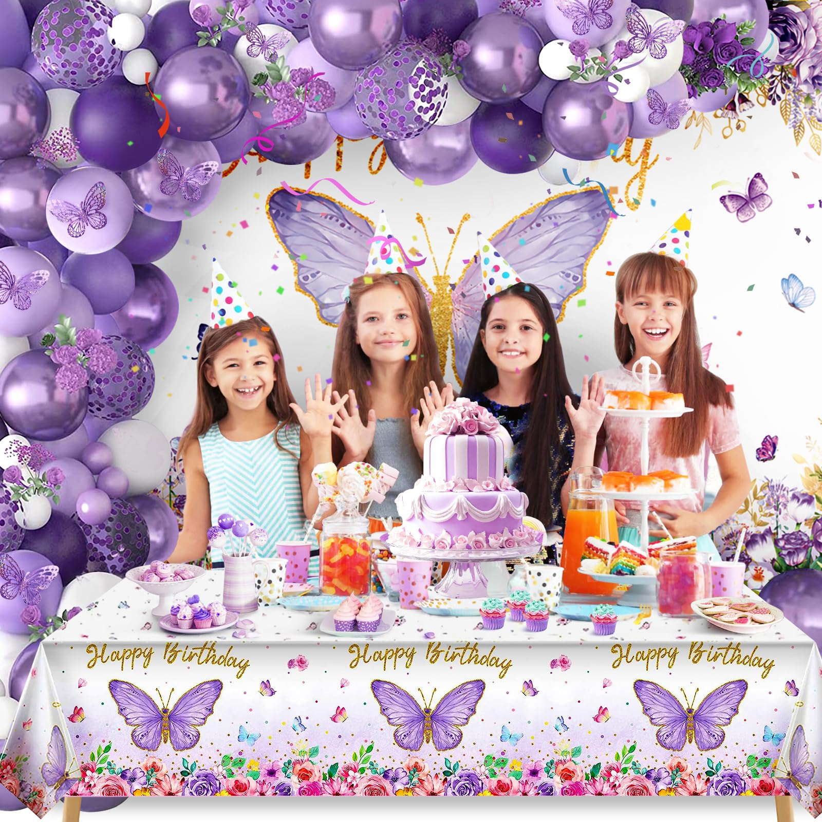 Butterfly Party Decorations 82-Piece Set with Balloon Arch Kit, Banner, Tablecloth for Girls Women Birthday Purple