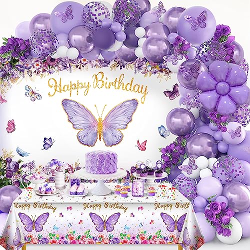 Butterfly Party Decorations 82-Piece Set with Balloon Arch Kit, Banner, Tablecloth for Girls Women Birthday Purple