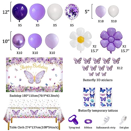 Butterfly Party Decorations 82-Piece Set with Balloon Arch Kit, Banner, Tablecloth for Girls Women Birthday Purple