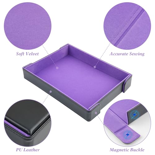 Buweeo Magnetic Folding Dice Tray – PU Leather with Purple Felt Lining, Portable for RPG Games