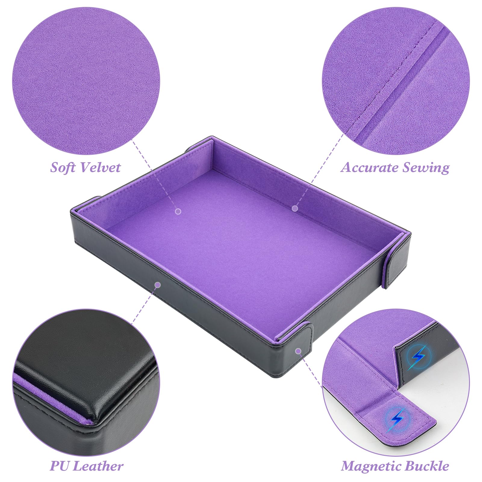 Buweeo Magnetic Folding Dice Tray – PU Leather with Purple Felt Lining, Portable for RPG Games