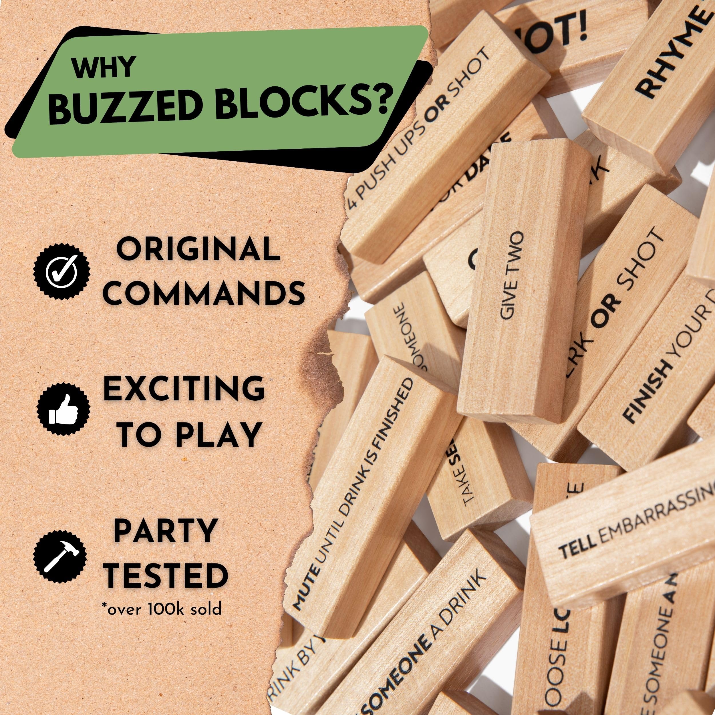 Buzzed Blocks Party Tower - Adult Stacking Game with 40 Funny Commands & 14 Blank Blocks