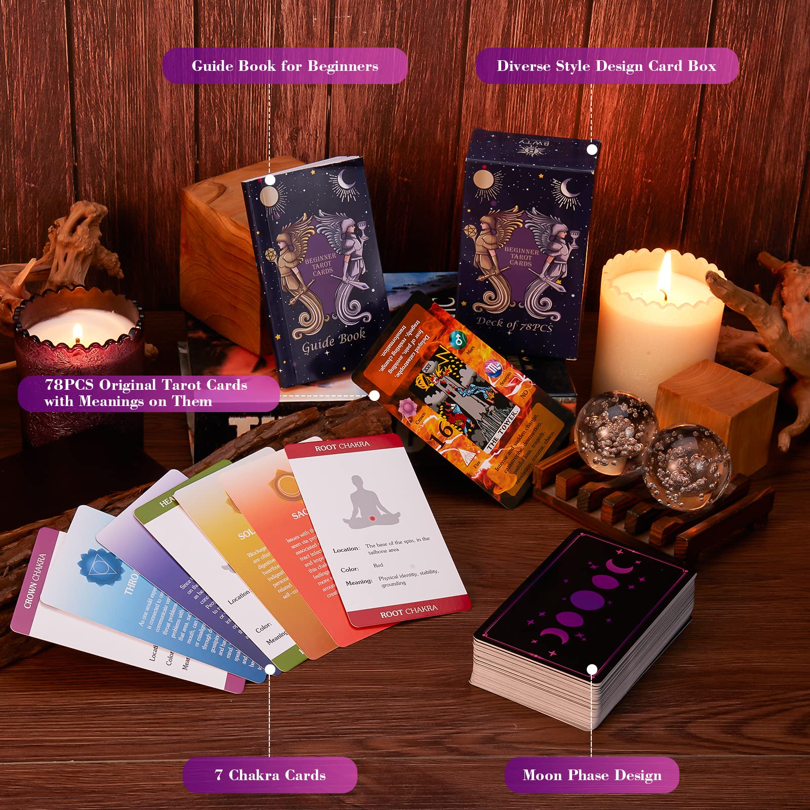 BWTY Tarot Deck for Beginners: 78 Cards with Keywords, Astrology, Chakra Cards, and Full Guidebook