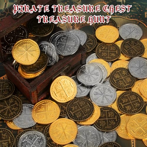Byhoo 36-Piece Metal Pirate Coin Set – Gold, Silver & Copper Tokens for Treasure Hunts & Games