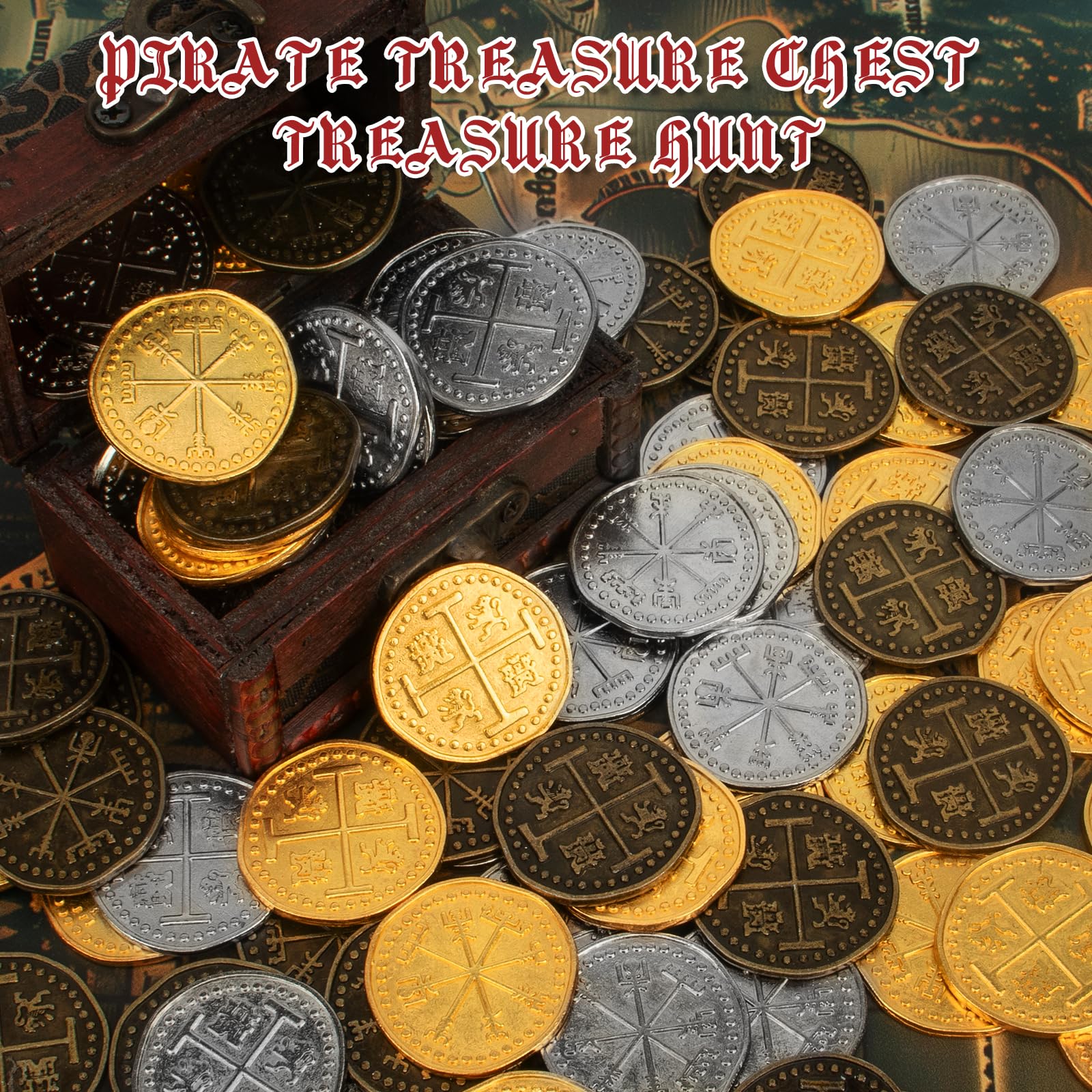 Byhoo 36-Piece Metal Pirate Coin Set – Gold, Silver & Copper Tokens for Treasure Hunts & Games