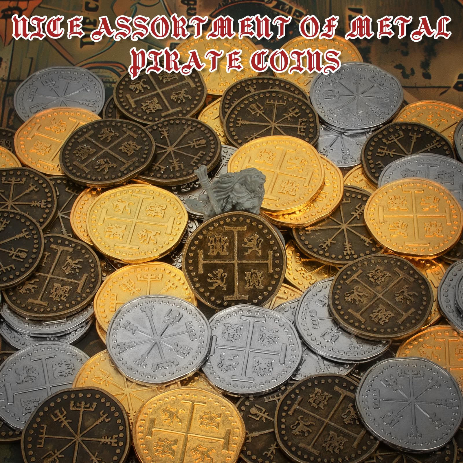 Byhoo 36-Piece Metal Pirate Coin Set – Gold, Silver & Copper Tokens for Treasure Hunts & Games