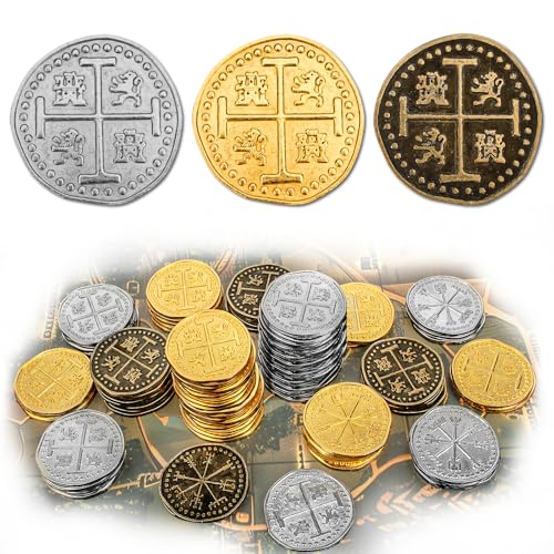 Byhoo 36-Piece Metal Pirate Coin Set – Gold, Silver & Copper Tokens for Treasure Hunts & Games