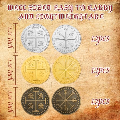 Byhoo 36-Piece Metal Pirate Coin Set – Gold, Silver & Copper Tokens for Treasure Hunts & Games