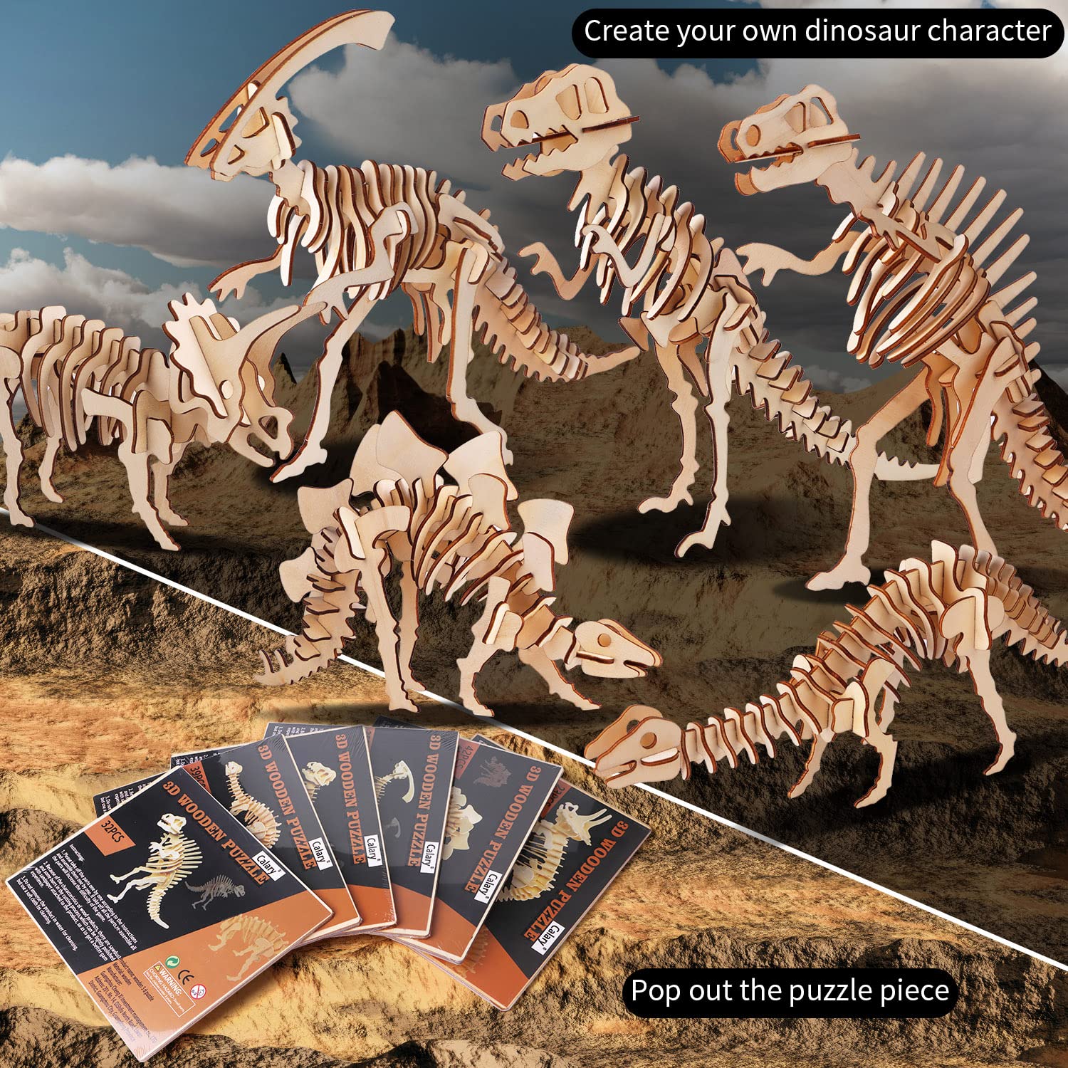calary 3D Wooden Puzzle Set of 6 Dinosaur Models – DIY Assembly Toy for Kids and Adults