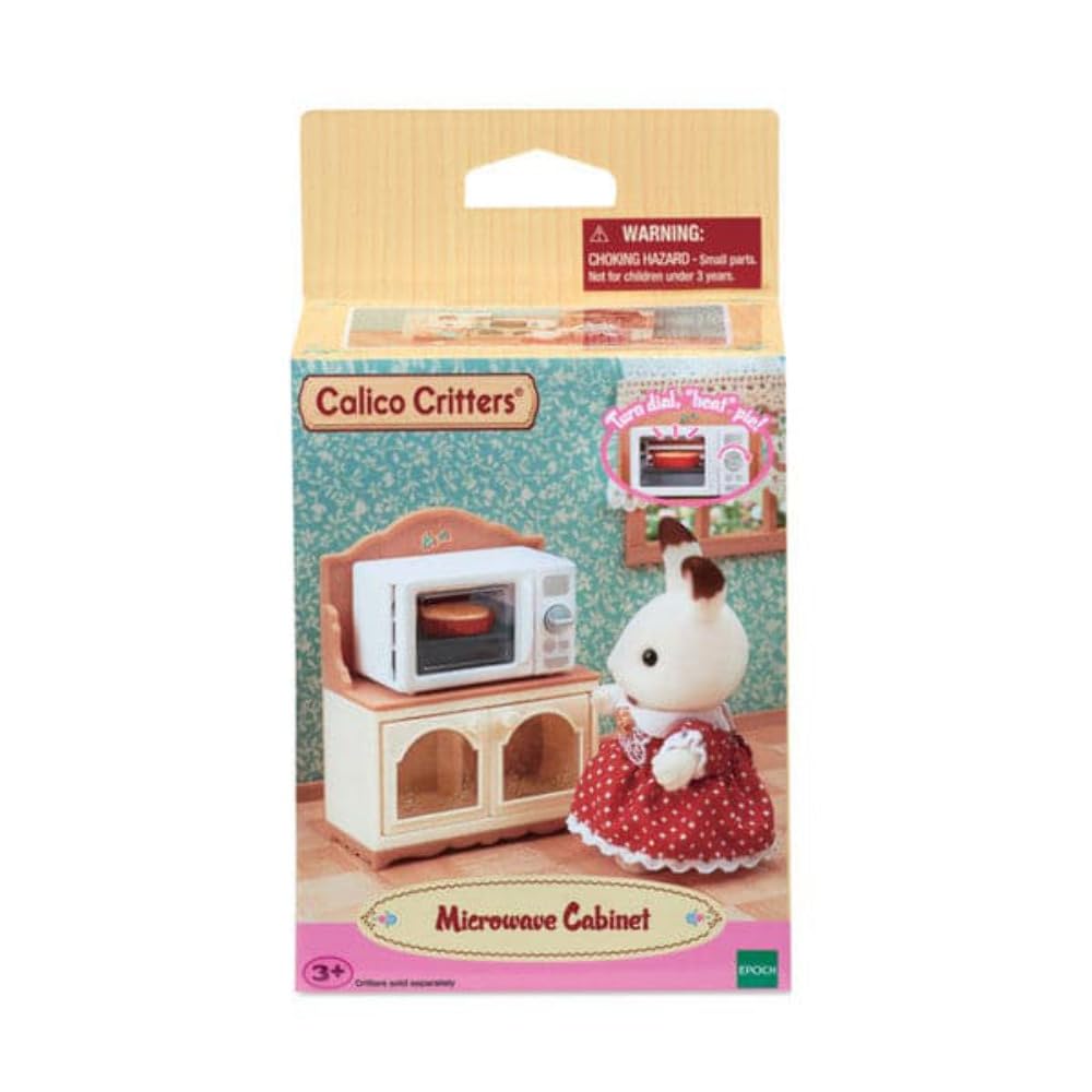 Calico Critters Microwave Cabinet Dollhouse Furniture Set – 4-Piece Kitchen with Working Microwave