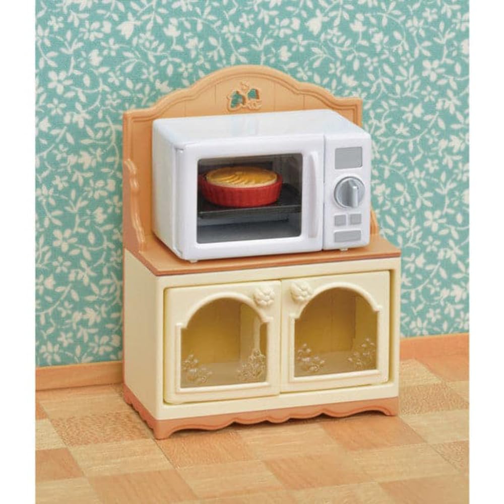 Calico Critters Microwave Cabinet Dollhouse Furniture Set – 4-Piece Kitchen with Working Microwave
