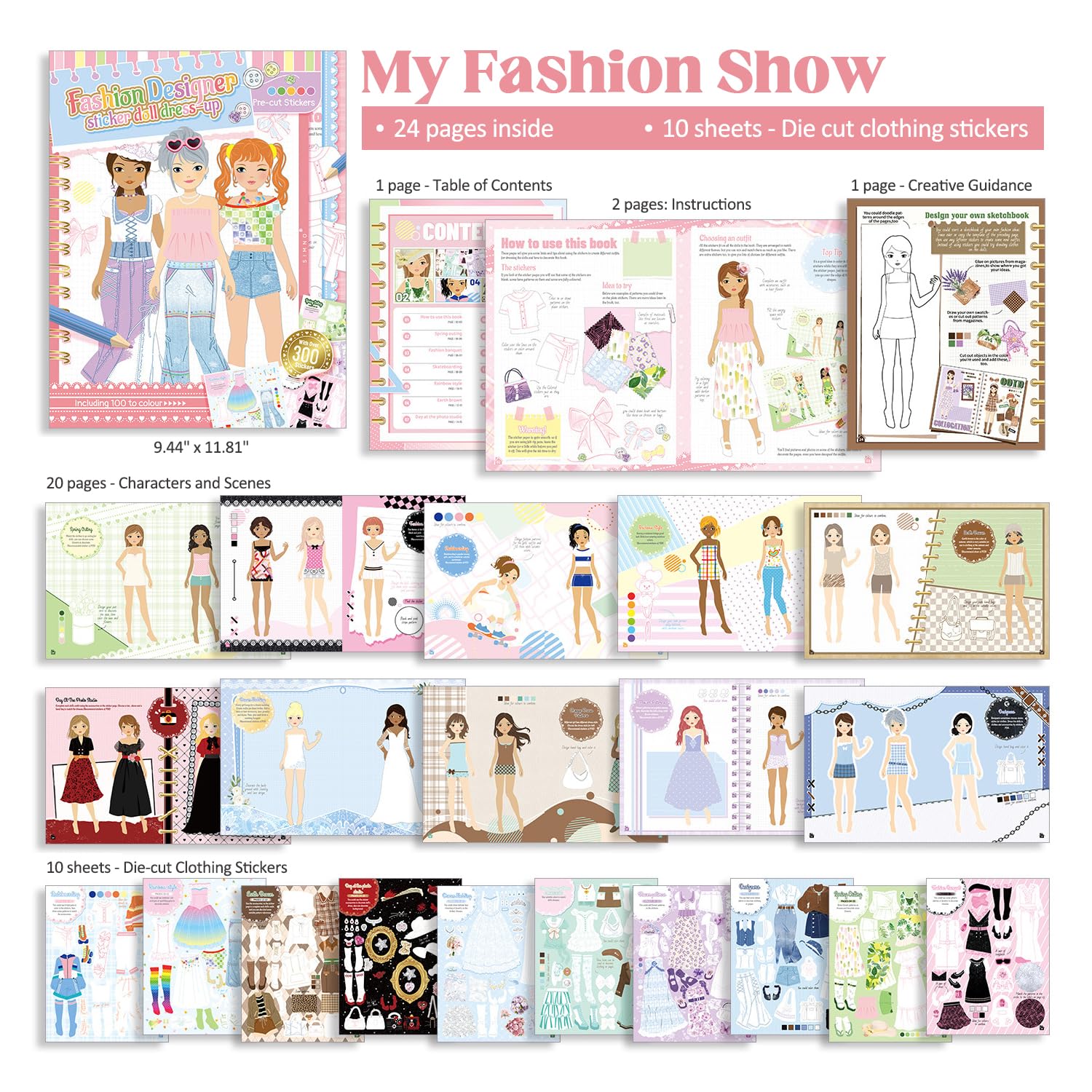 Callist Girls Sticker Dress-Up Book – 300+ Repositionable Stickers, 24 Characters, 11 Scenes, Fashion Activity & Coloring