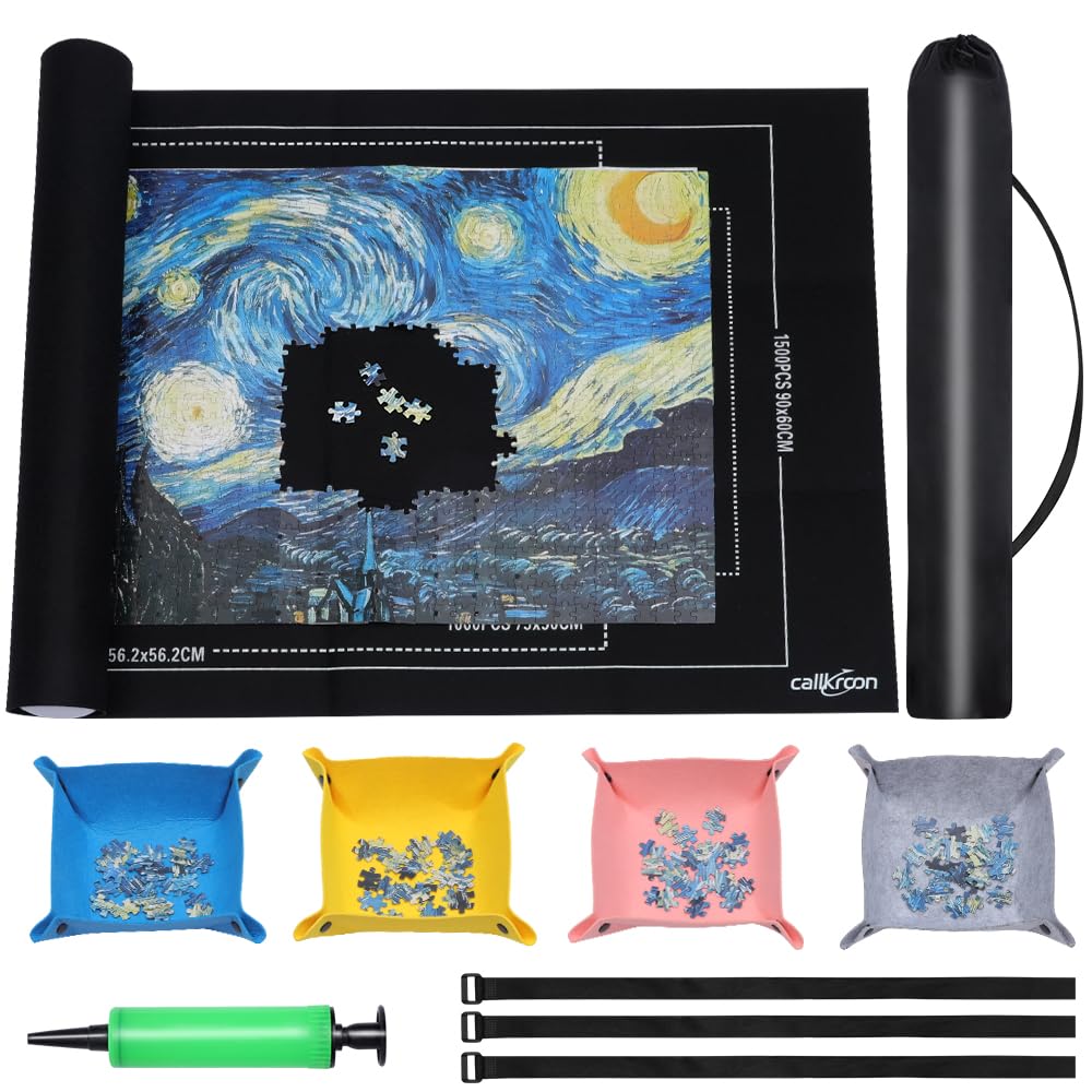CallKroon Puzzle Mat Roll Up for 1500 Pieces – Felt Board Alternative with 4 Sorting Trays, Inflatable Tube, and Storage Bag
