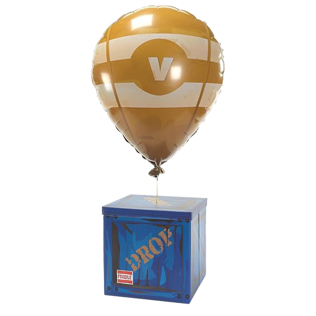 CAMP LINER 14-Inch Loot Drop Box with Yellow Balloon – Blue Cardboard Treasure Chest for Party Decor