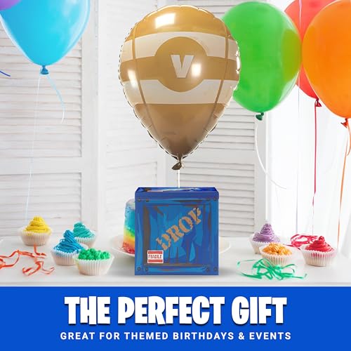 CAMP LINER 14-Inch Loot Drop Box with Yellow Balloon – Blue Cardboard Treasure Chest for Party Decor