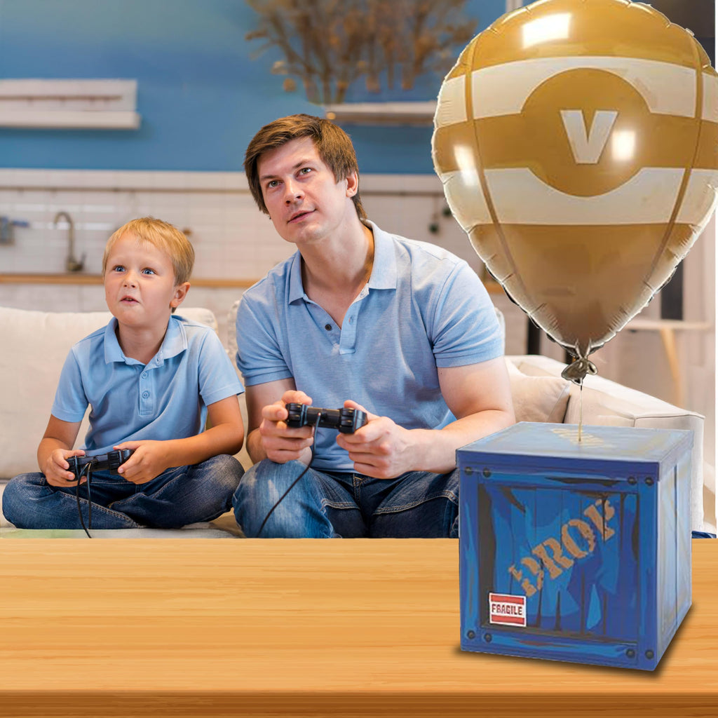 CAMP LINER 14-Inch Loot Drop Box with Yellow Balloon – Blue Cardboard Treasure Chest for Party Decor