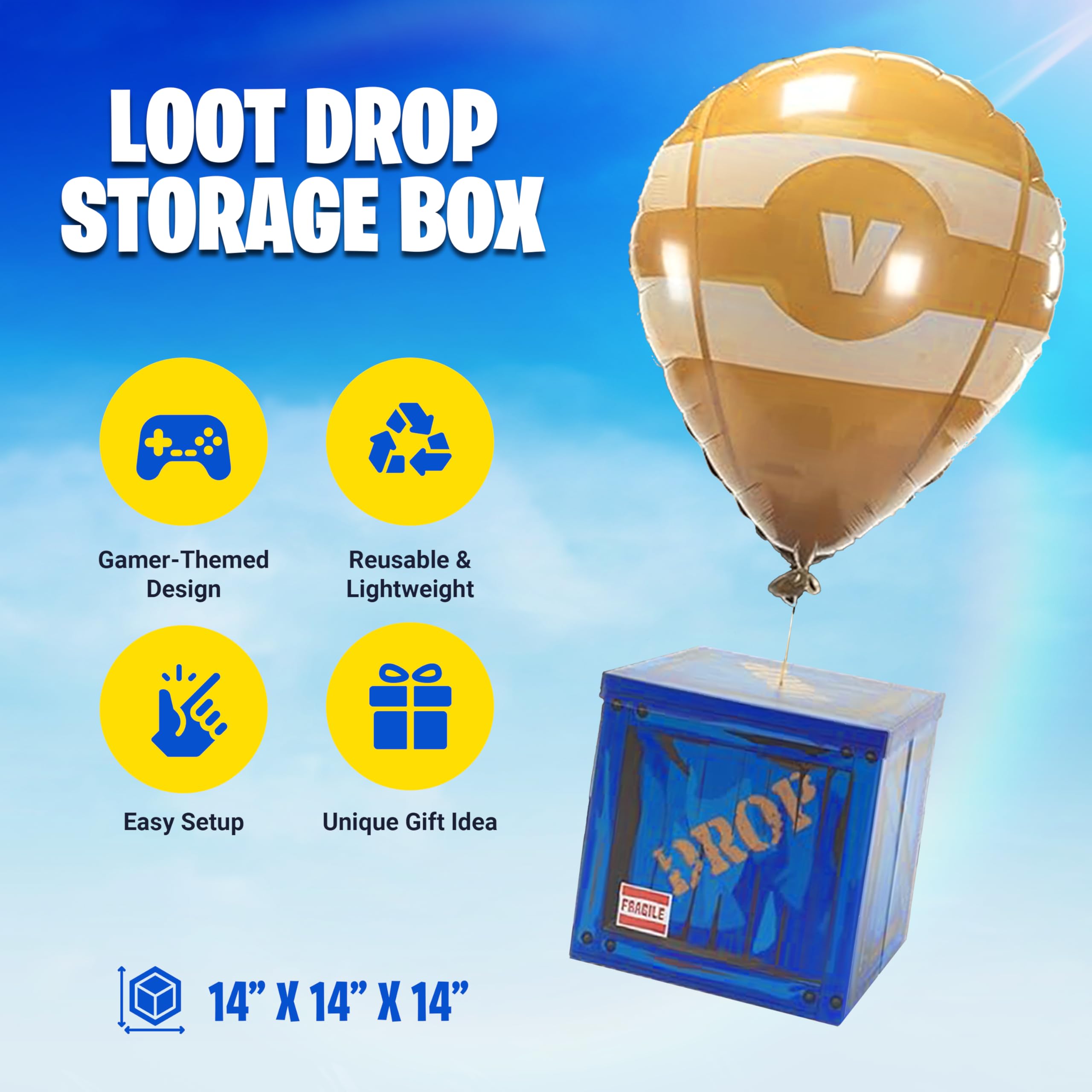 CAMP LINER 14-Inch Loot Drop Box with Yellow Balloon – Blue Cardboard Treasure Chest for Party Decor