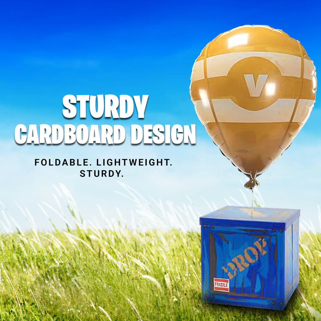 CAMP LINER 14-Inch Loot Drop Box with Yellow Balloon – Blue Cardboard Treasure Chest for Party Decor
