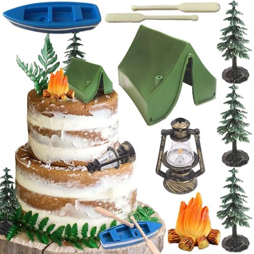 Camping Cupcake Toppers Set - 9 Pieces with Tent, Deer, Fire & More by Roaring Good Time
