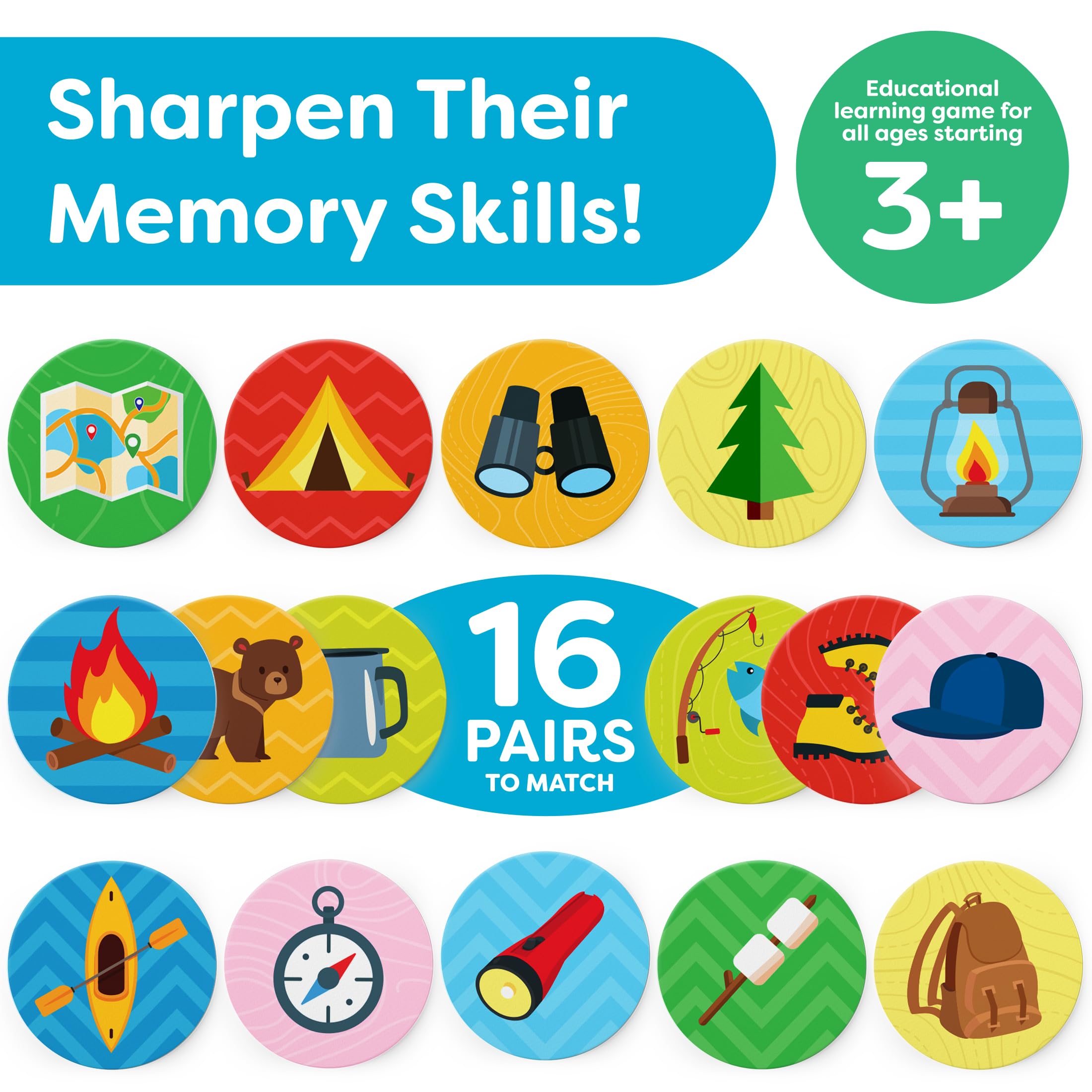 Camping Memory Game for Kids Ages 4-8 – 32-Piece Matching Game with Sturdy Cards