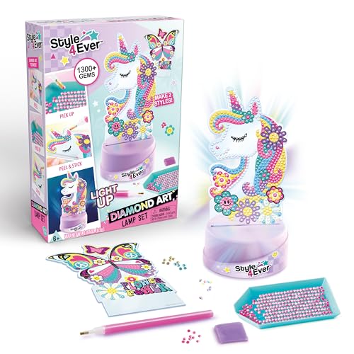 Canal Toys Style 4 Ever Diamond Art Unicorn & Butterfly Lamp Set – Light Up Base, 1300+ Gems, Ages 6+