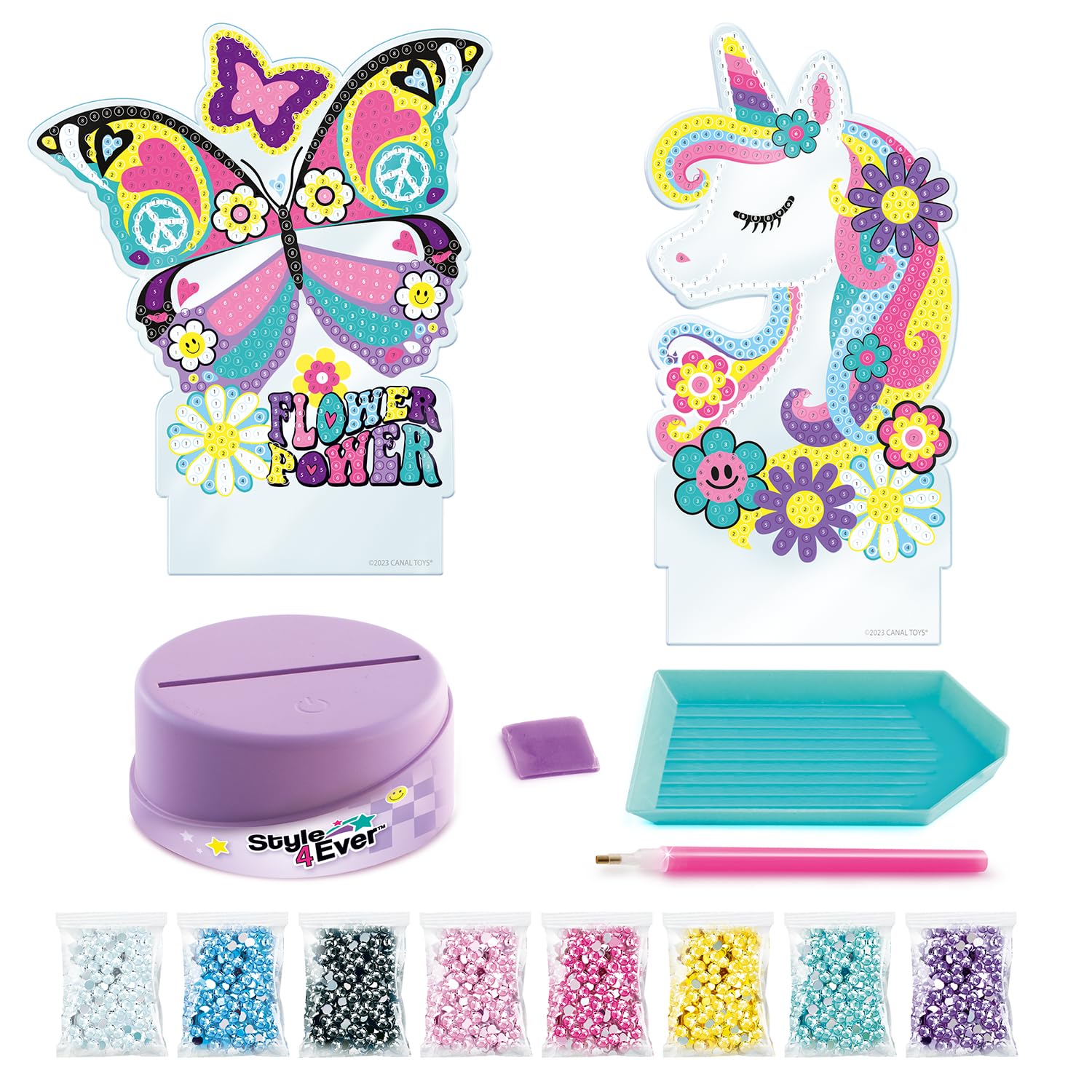 Canal Toys Style 4 Ever Diamond Art Unicorn & Butterfly Lamp Set – Light Up Base, 1300+ Gems, Ages 6+